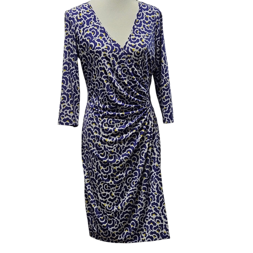 Laundry by Design Purple Abstract Print Ruched Faux Wrap Dress Size 12 Stretch